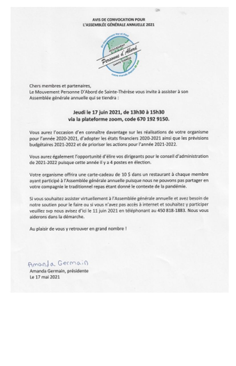 AGA MPDA sainte-Thérèse 13:30 le 17 juin 2021
